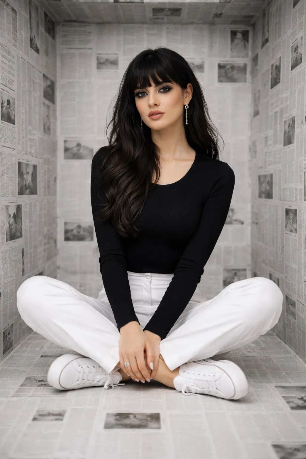 woman seated in newspaper-lined room wearing black top and white trousers in conceptual editorial setup.